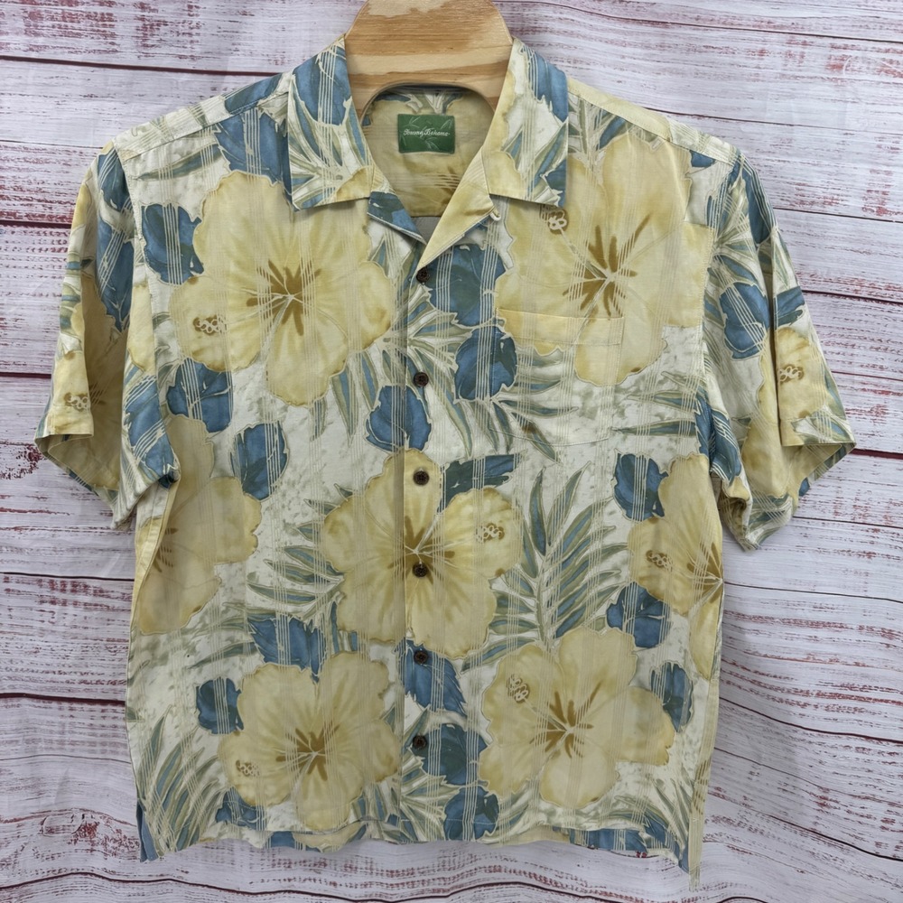 Tommy Bahama Camp Shirt Mens XL Linen Silk Hibiscus Floral Short Sleeve Hawaiian